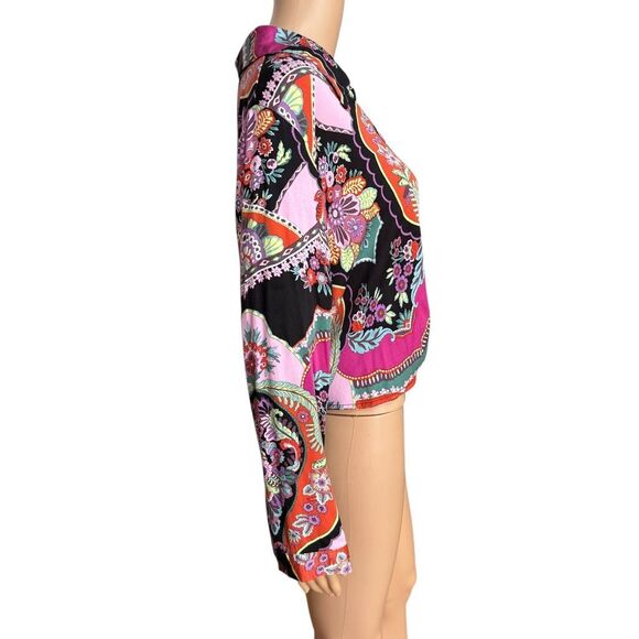 Rachel Zoe Cropped Wrap Top Collared Blouse Floral Black Boho Multi Size XL - Picture 2 of 8